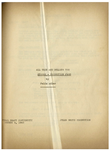 Moe Howard's 27pp. Signed Script Dated August 1940 for The Three Stooges Film ''Boobs in Arms'' -- With Self-Portrait & Signature by Moe on Cover -- Very Good Condition